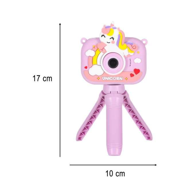 Digital camera for kids on tripod unicorn purple