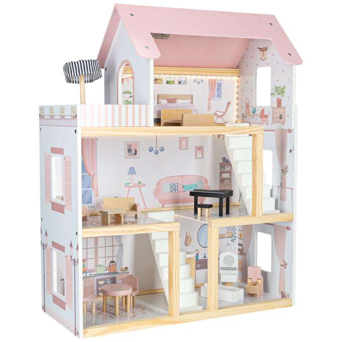 Domek dla lalek drewniany mebelki 80cm róż LED