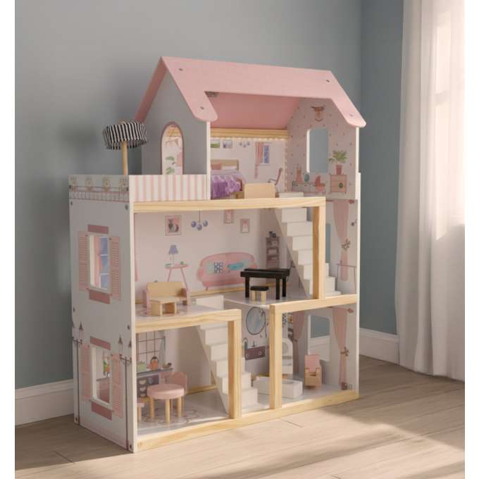 Domek dla lalek drewniany mebelki 80cm róż LED