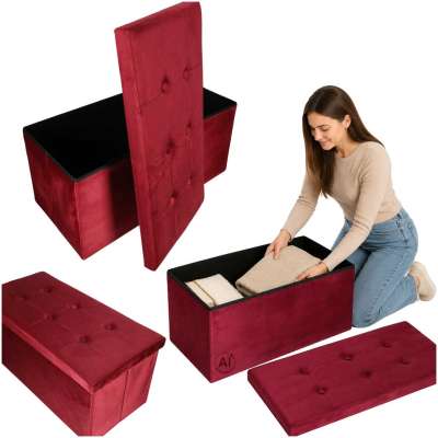 Foldable velour ottoman with under-seat storage 76x38x38 cm burgundy