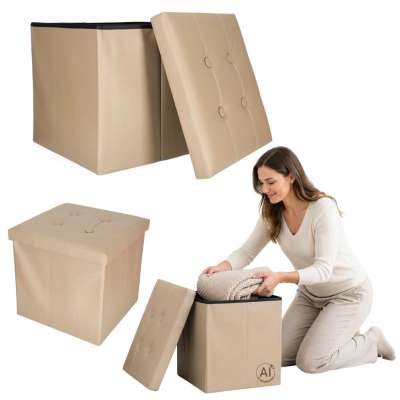 Folding pouf with under-seat storage eco-leather 38x38x36 cm beige