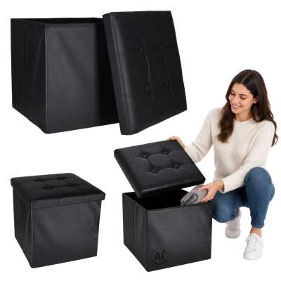 Folding pouf with under-seat storage eco-leather 38x38x36 cm black
