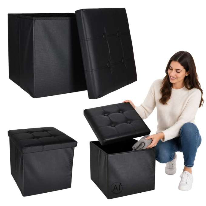 Folding pouf with under-seat storage eco-leather 38x38x36 cm black