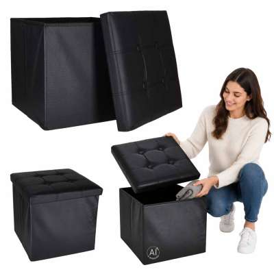 Folding pouf with under-seat storage eco-leather 38x38x36 cm black