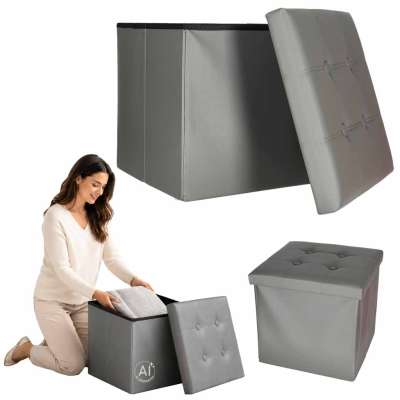 Folding pouf with under-seat storage eco-leather 38x38x36 cm grey