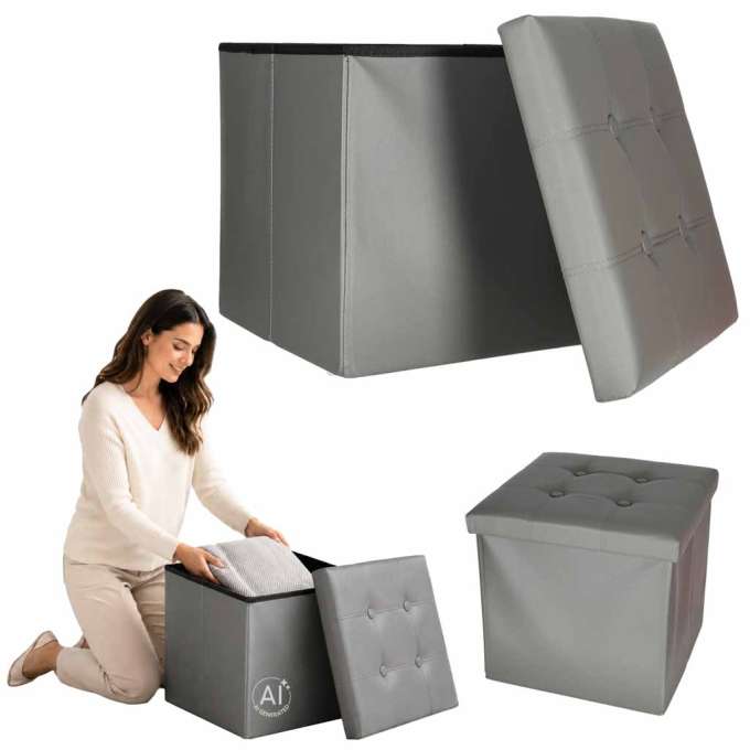 Folding pouf with under-seat storage eco-leather 38x38x36 cm grey