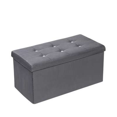 Folding pouffe with storage compartment quilted velour grey
