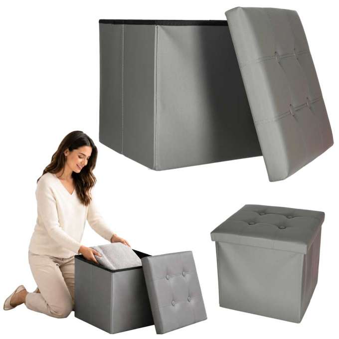 Folding pouffe with storage leather 38x38x36 cm grey