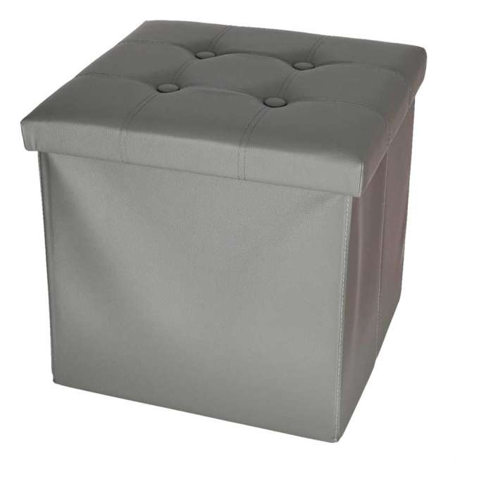 Folding pouffe with storage leather 38x38x36 cm grey