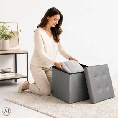 Folding pouffe with storage leather 38x38x36 cm grey