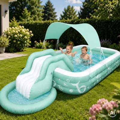 Inflatable garden pool for kids with slide canopy and pump