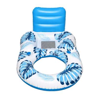 Inflatable swimming mattress deck chair with backrest and canopy blue