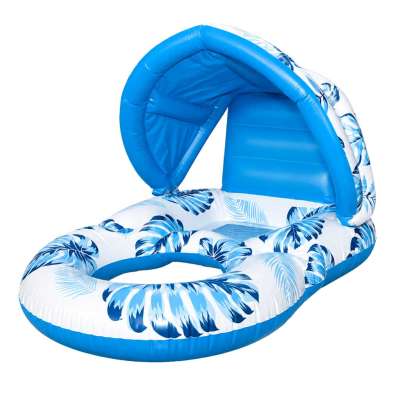 Inflatable swimming mattress deck chair with backrest and canopy blue