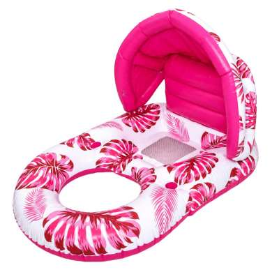 Inflatable swimming mattress deck chair with backrest and canopy pink