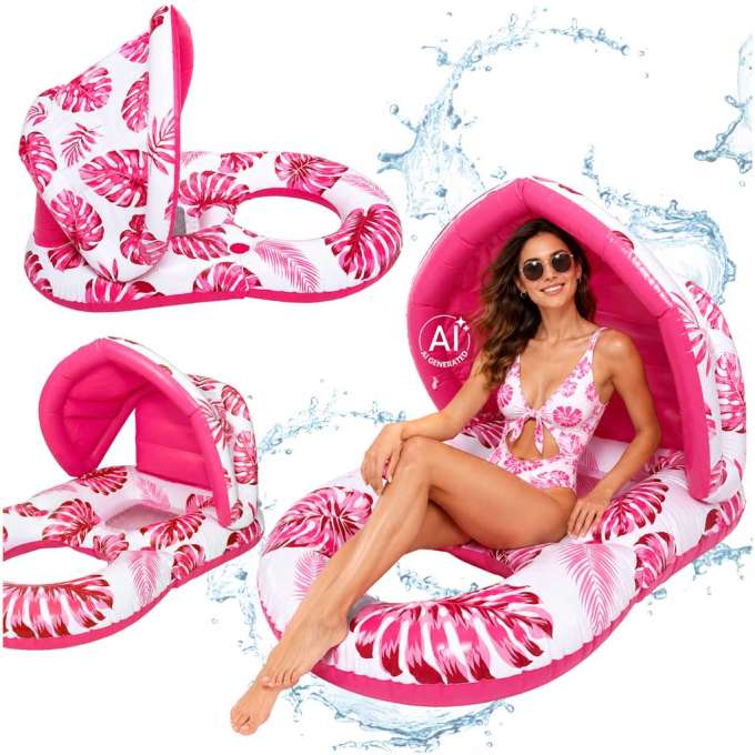 Inflatable swimming mattress deck chair with backrest and canopy pink