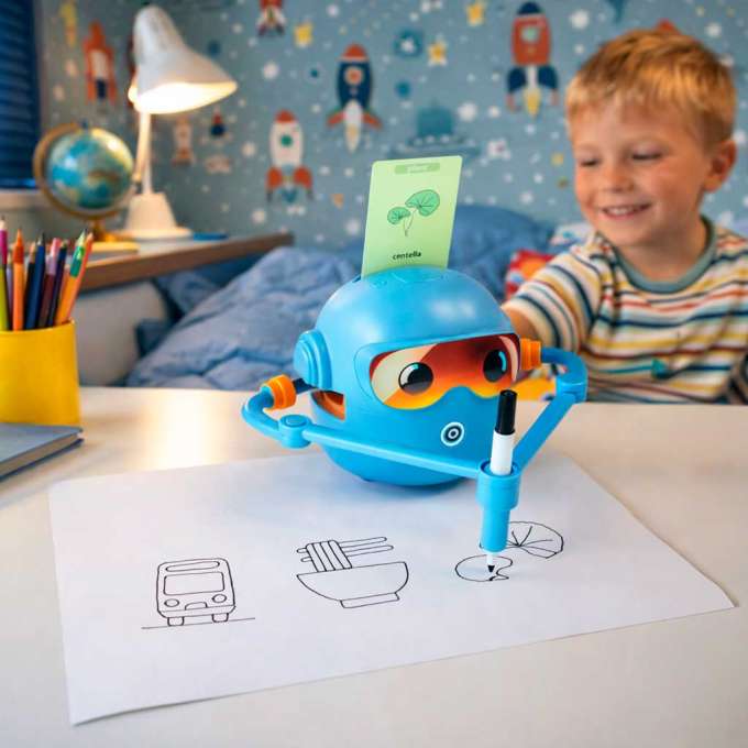 Interactive educational robot toy learning to draw fisks markers blue