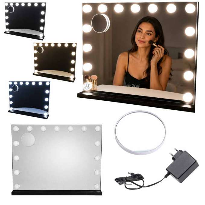 LED makeup mirror with 15 bulbs cosmetic zoom x10 brightness adjustment