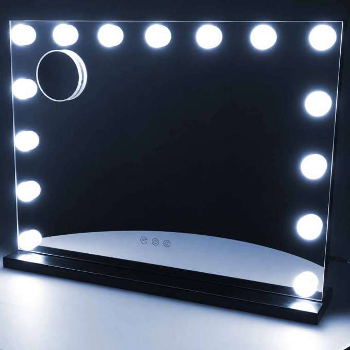 LED makeup mirror with 15 bulbs cosmetic zoom x10 brightness adjustment
