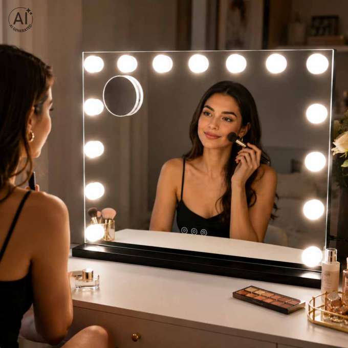 LED makeup mirror with 15 bulbs cosmetic zoom x10 brightness adjustment