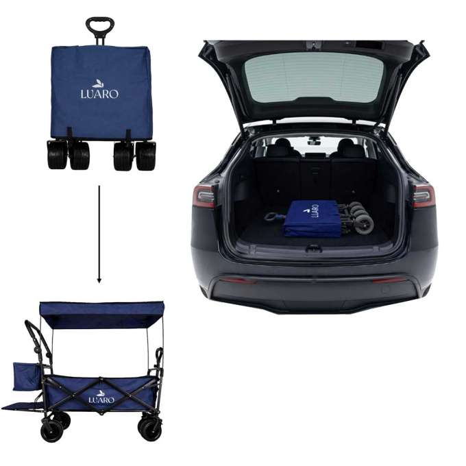 LUARO Foldable Beach Cart with Canopy and 120L Mesh Basket Navy Blue