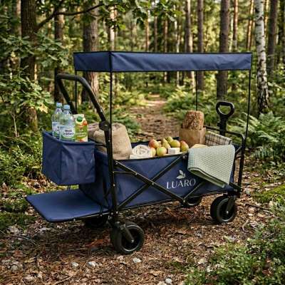 LUARO Foldable Beach Cart with Canopy and 120L Mesh Basket Navy Blue