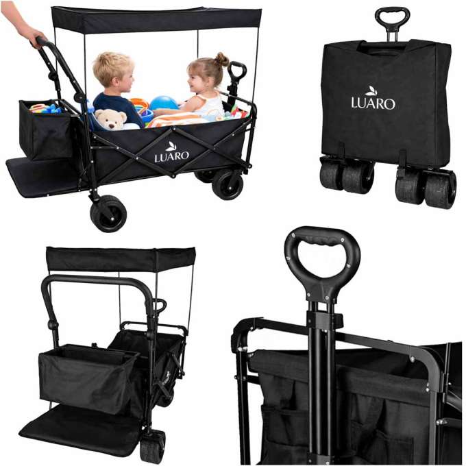LUARO Folding Beach Cart with Canopy and 120L Mesh Basket Black