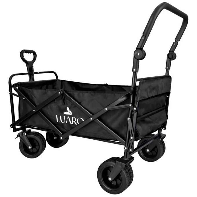 LUARO Folding Beach Cart with Canopy and 120L Mesh Basket Black