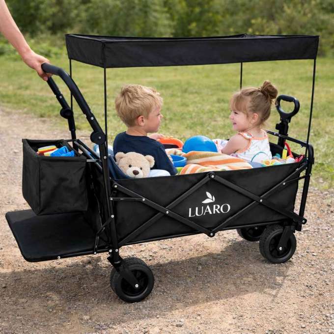 LUARO Folding Beach Cart with Canopy and 120L Mesh Basket Black