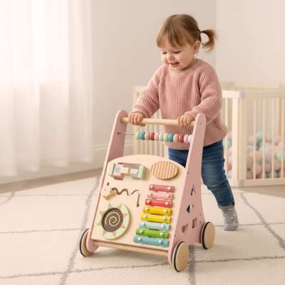 Push toy for children wooden walker with abacus pink