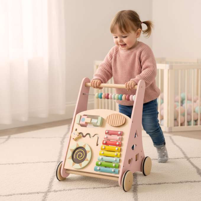 Push toy for children wooden walker with abacus pink