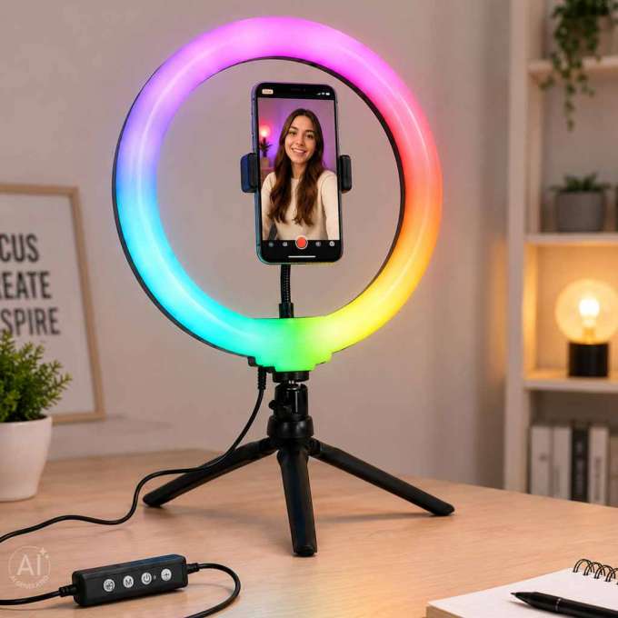 RGB LED selfie ring light on tripod