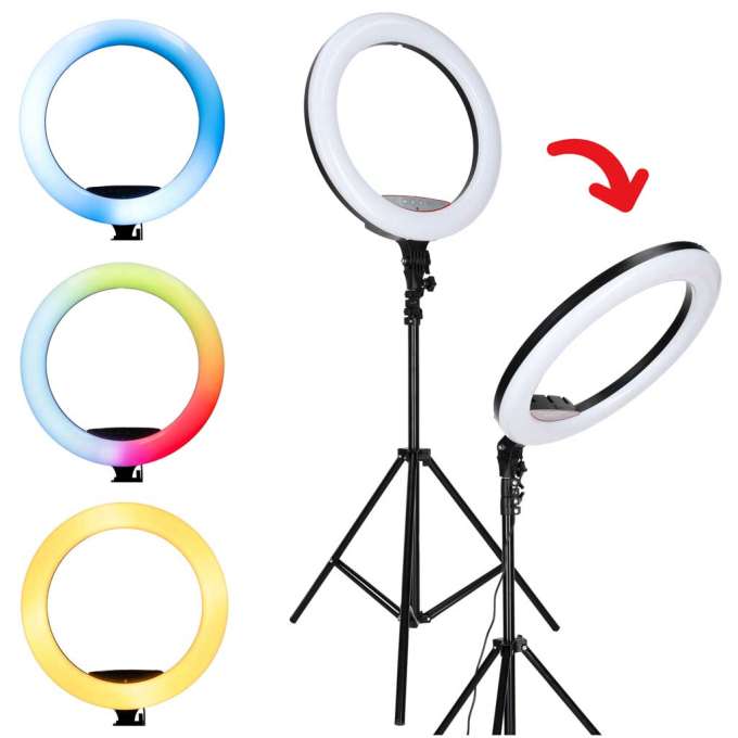 RGB LED selfie ring light on tripod 3 handles