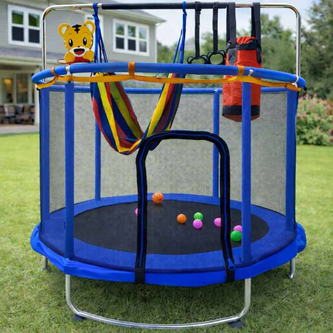 Trampolina dla dzieci ogrodowa siatka piłki koszykówka 155cm niebieska