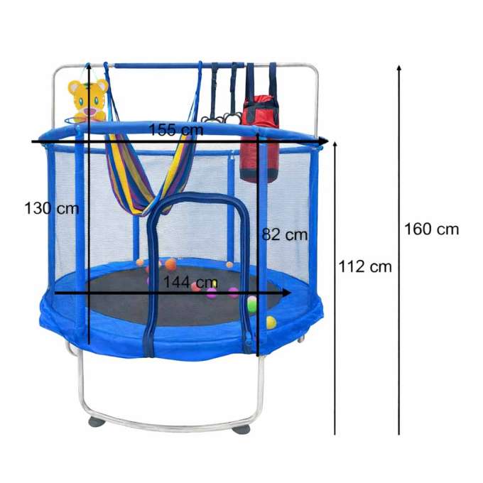 Trampolina dla dzieci ogrodowa siatka piłki koszykówka 155cm niebieska