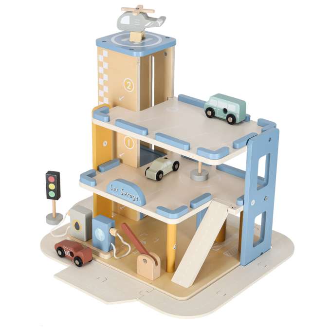 Wooden garage car parking double-decker gas station