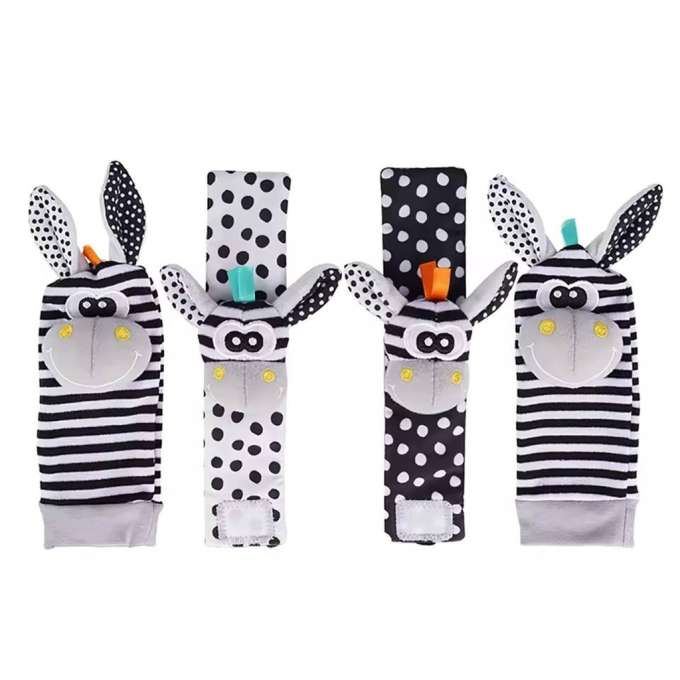 Baby Socks with Rattles and Ribbons 4-Piece Set Black and White