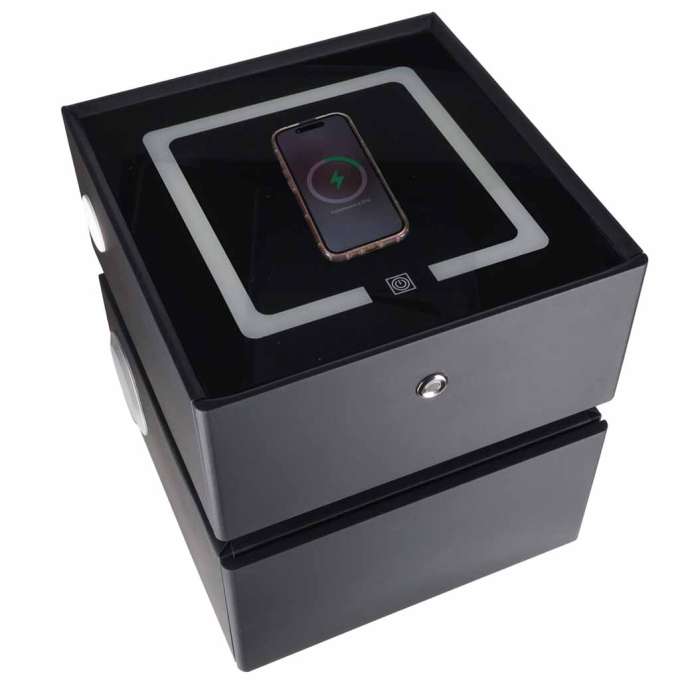 Bedside cabinet hanging with drawers LED lighting a USB charging port and a Bluetooth speaker black