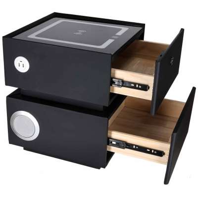Bedside cabinet hanging with drawers LED lighting a USB charging port and a Bluetooth speaker black