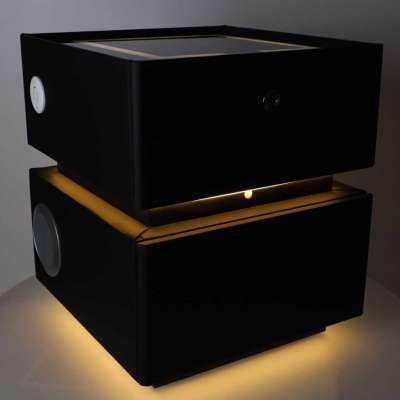 Bedside cabinet hanging with drawers LED lighting a USB charging port and a Bluetooth speaker black