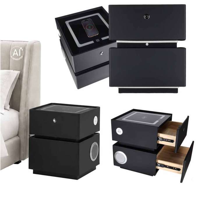 Bedside cabinet hanging with drawers LED lighting a USB charging port and a Bluetooth speaker black