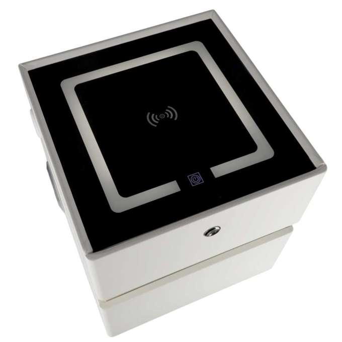 Bedside cabinet hanging with drawers LED lighting a USB charging port and a Bluetooth speaker ecru