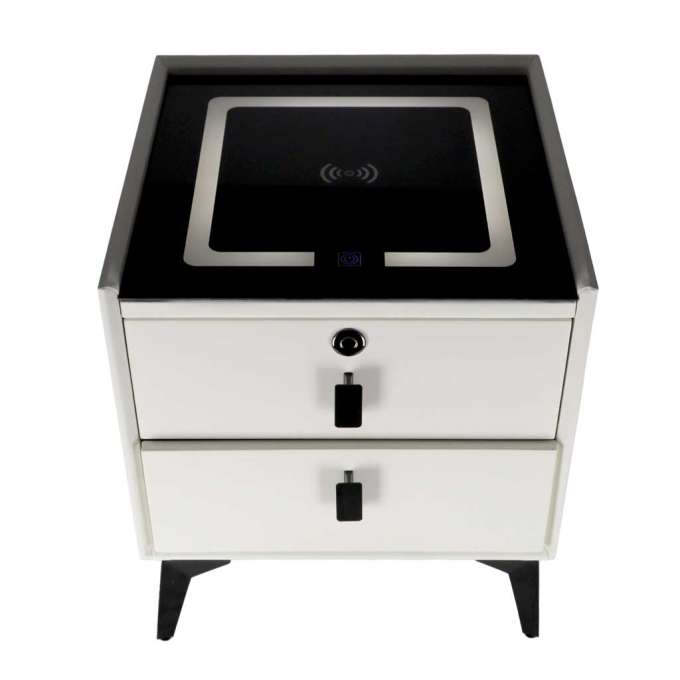 Bedside table with drawers LED lighting USB charging Bluetooth speaker ecru