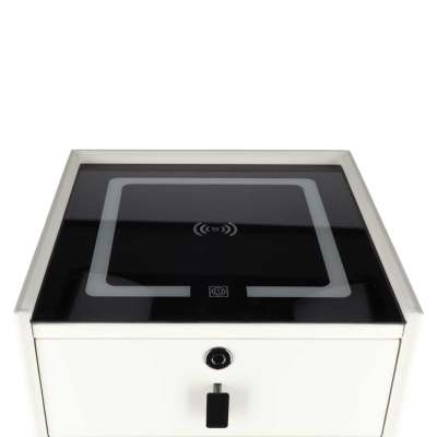Bedside table with drawers LED lighting USB charging Bluetooth speaker ecru