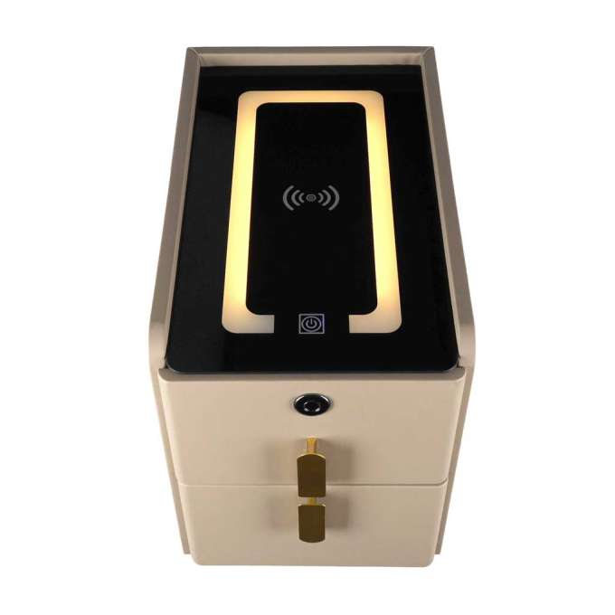 Bedside table with drawers LED lighting USB charging and Bluetooth speaker beige