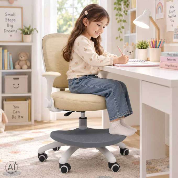 Children's desk chair adjustable swivel chair with footrest beige