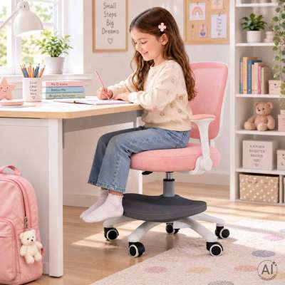 Children's desk chair adjustable swivel chair with footrest pink