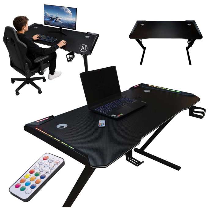 Gaming Desk with RGB LED Lighting and Computer Mounts for Gamers 120x60cm