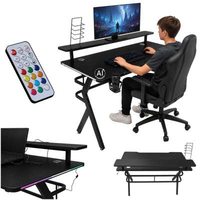 Gaming desk with RGB LED extension and computer mounts for gamers 120x60 cm