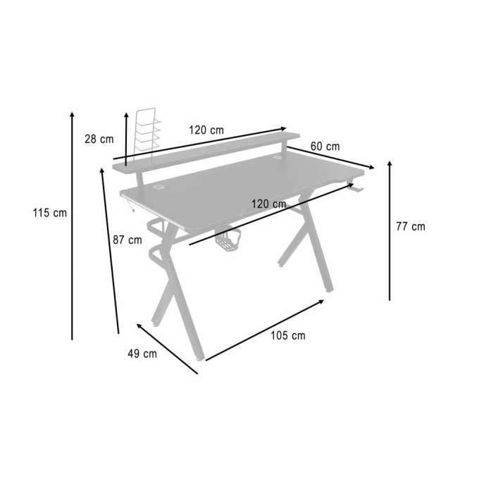 Gaming desk with RGB LED extension and computer mounts for gamers 120x60 cm