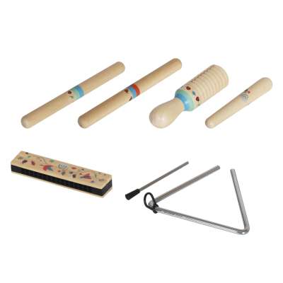 Instrumenty drewniane muzyczne dla dzieci trójkąt pałeczki harmonijka ustna tarka